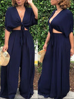 Morchique Knot Front Crop Top & Wide Leg Pants Sets