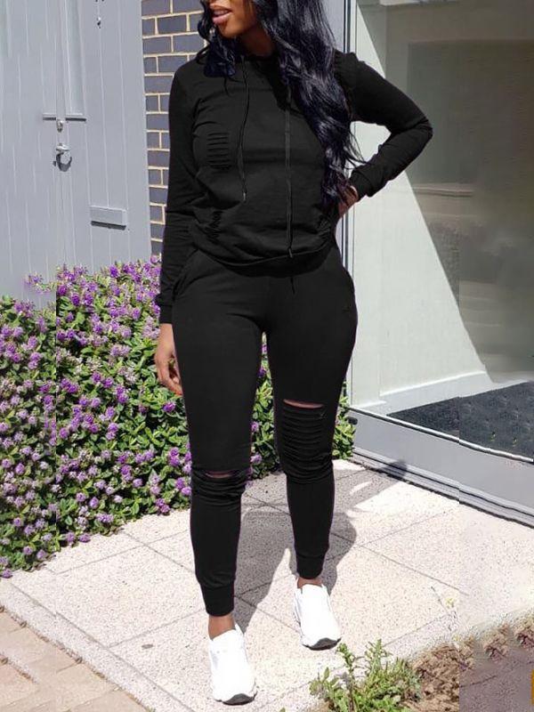 Morchique Ripped Pullover Hoodie & Pants Set