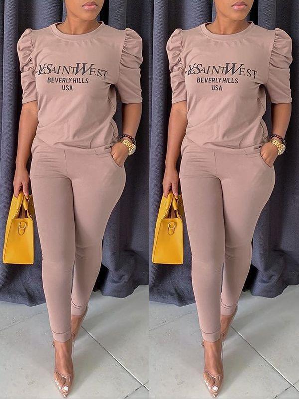 Morchique Slogan Puff-Sleeve Top & Pants Set