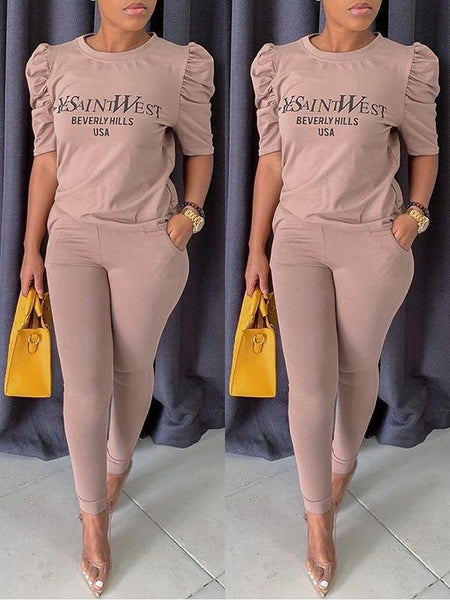 Morchique Slogan Puff-Sleeve Top & Pants Set