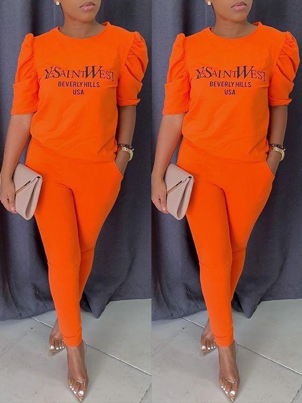 Morchique Slogan Puff-Sleeve Top & Pants Set