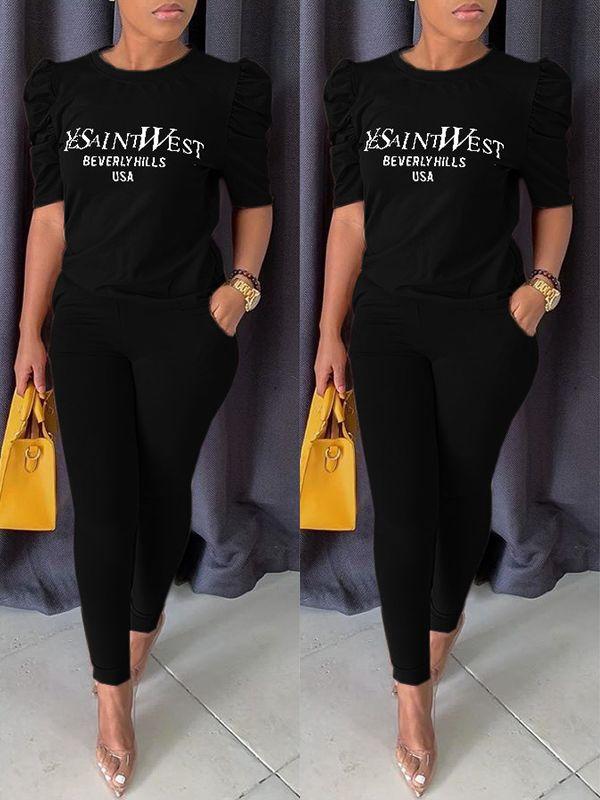 Morchique Slogan Puff-Sleeve Top & Pants Set