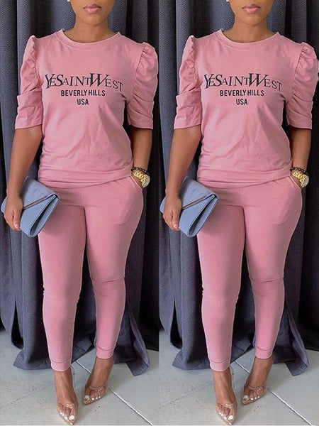 Morchique Slogan Puff-Sleeve Top & Pants Set