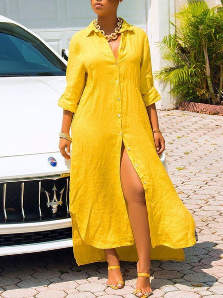 Morchique Button-Down Side-Slit Shirt Dress